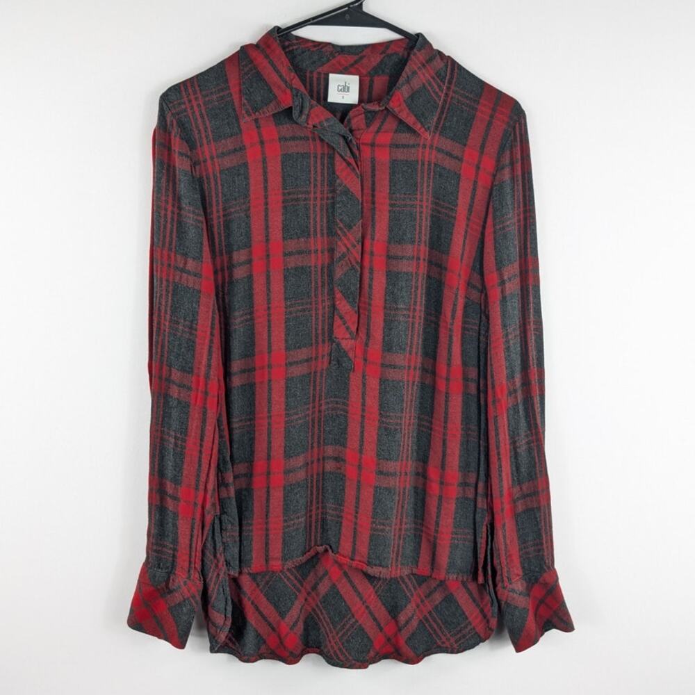 Cabi S Plaid Button Front Tunic Blouse Womens Red Gray Long Sleeve Casual Shirt